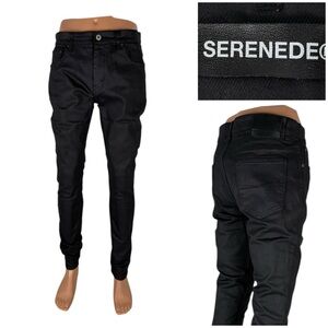 Serenede Mens 34 Jeans Black Fitted Streetwear Waxed Cotton Blend Stretch